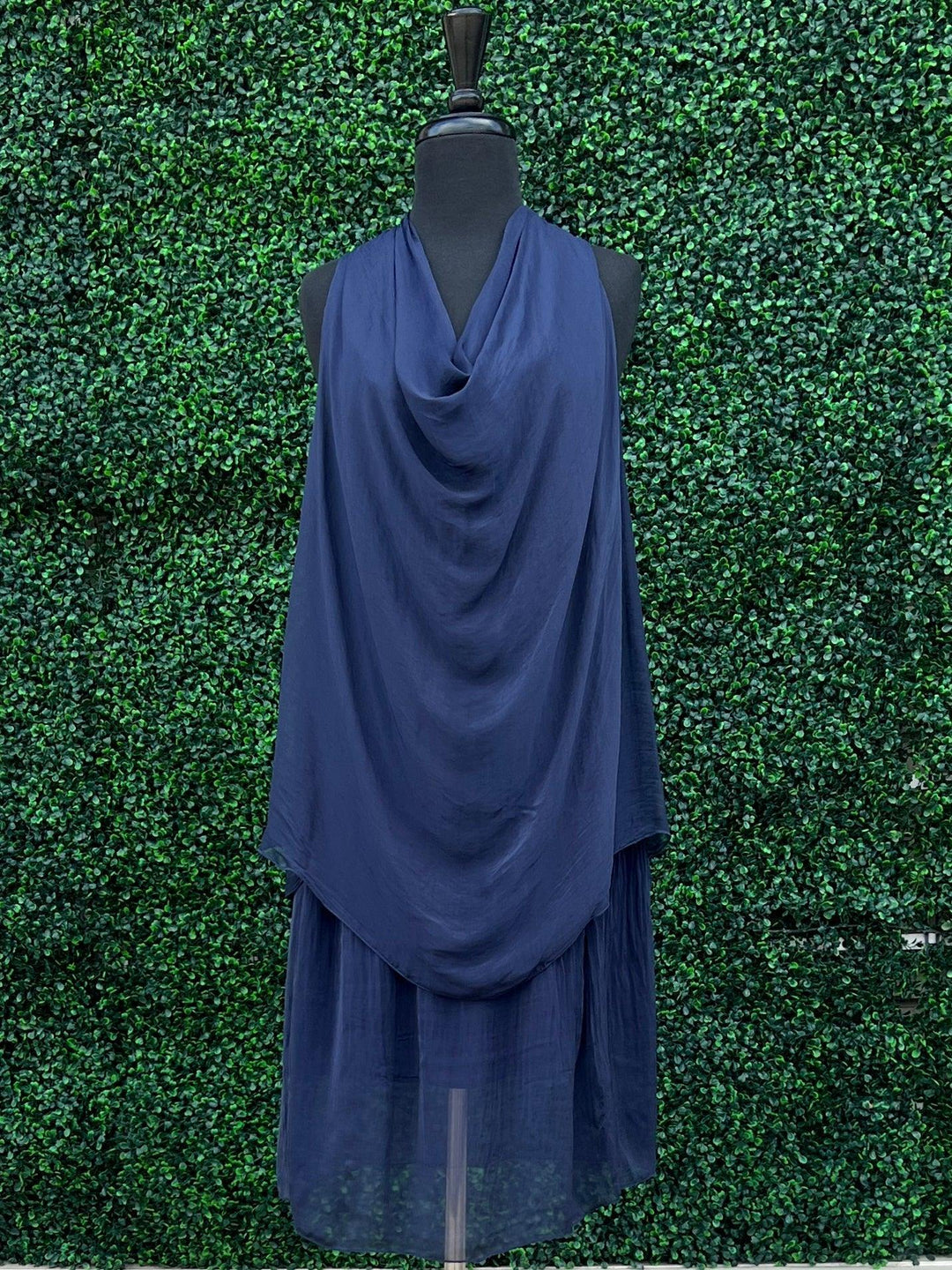 navy blue silk dress cowl neck boutique houston texas