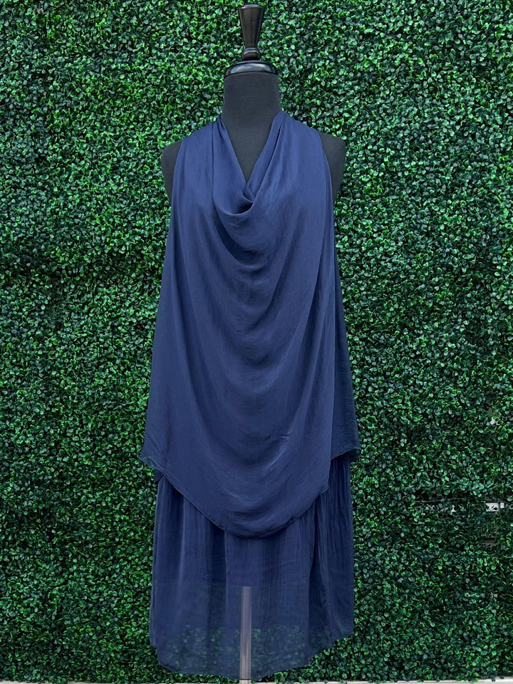 navy blue silk dress cowl neck boutique houston texas