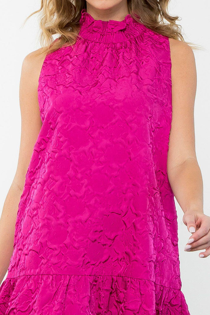 THML pink textured dress high neck pockets ruffle drop waist