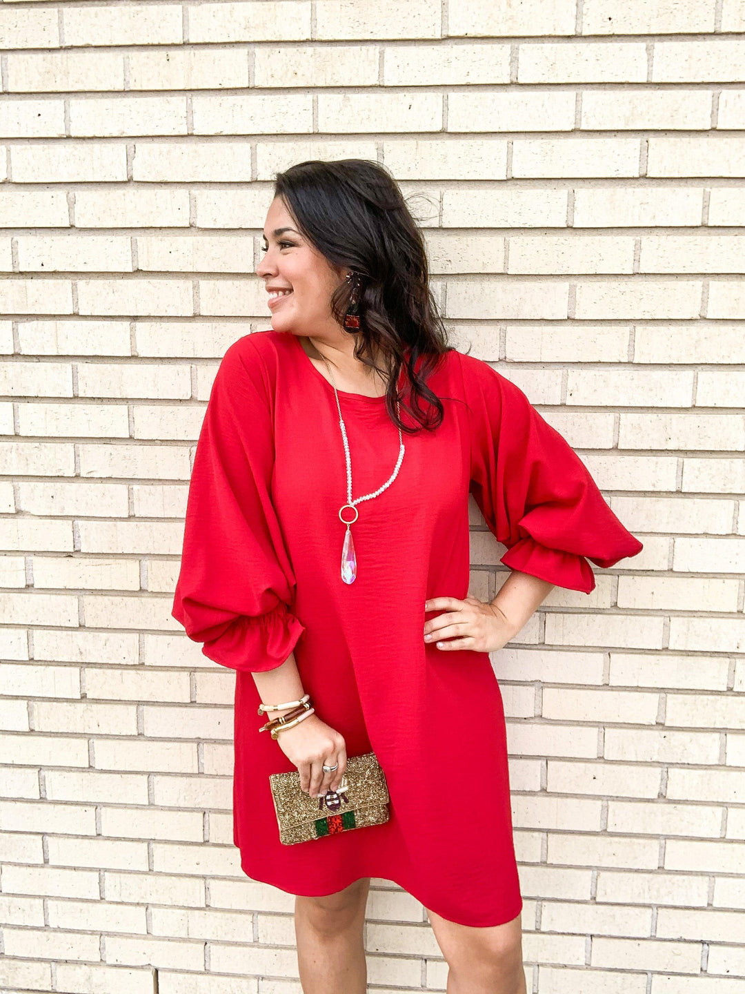 Red Bubble Sleeve Shift Dress - Très Chic