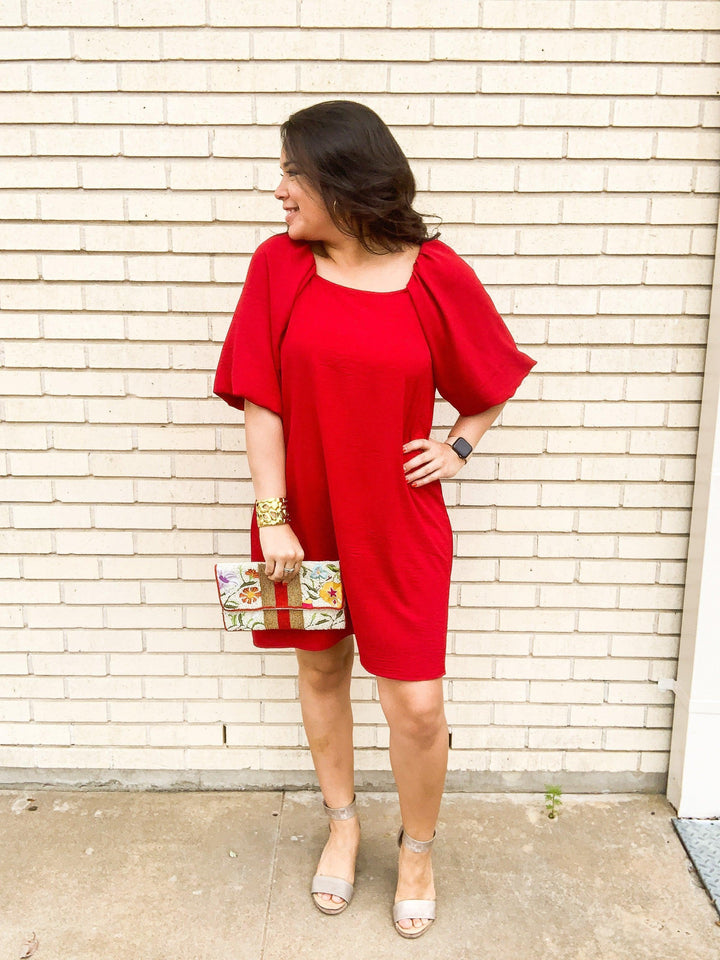 Red Bubble Sleeved Dress - Très Chic