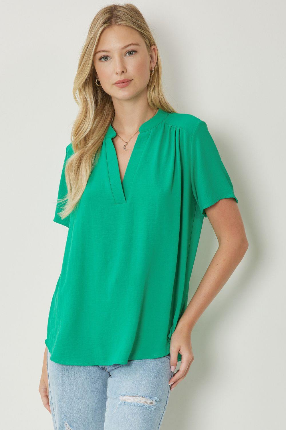 entro brand basic colorful tops Mock Collar Pleat Detailed kelly green