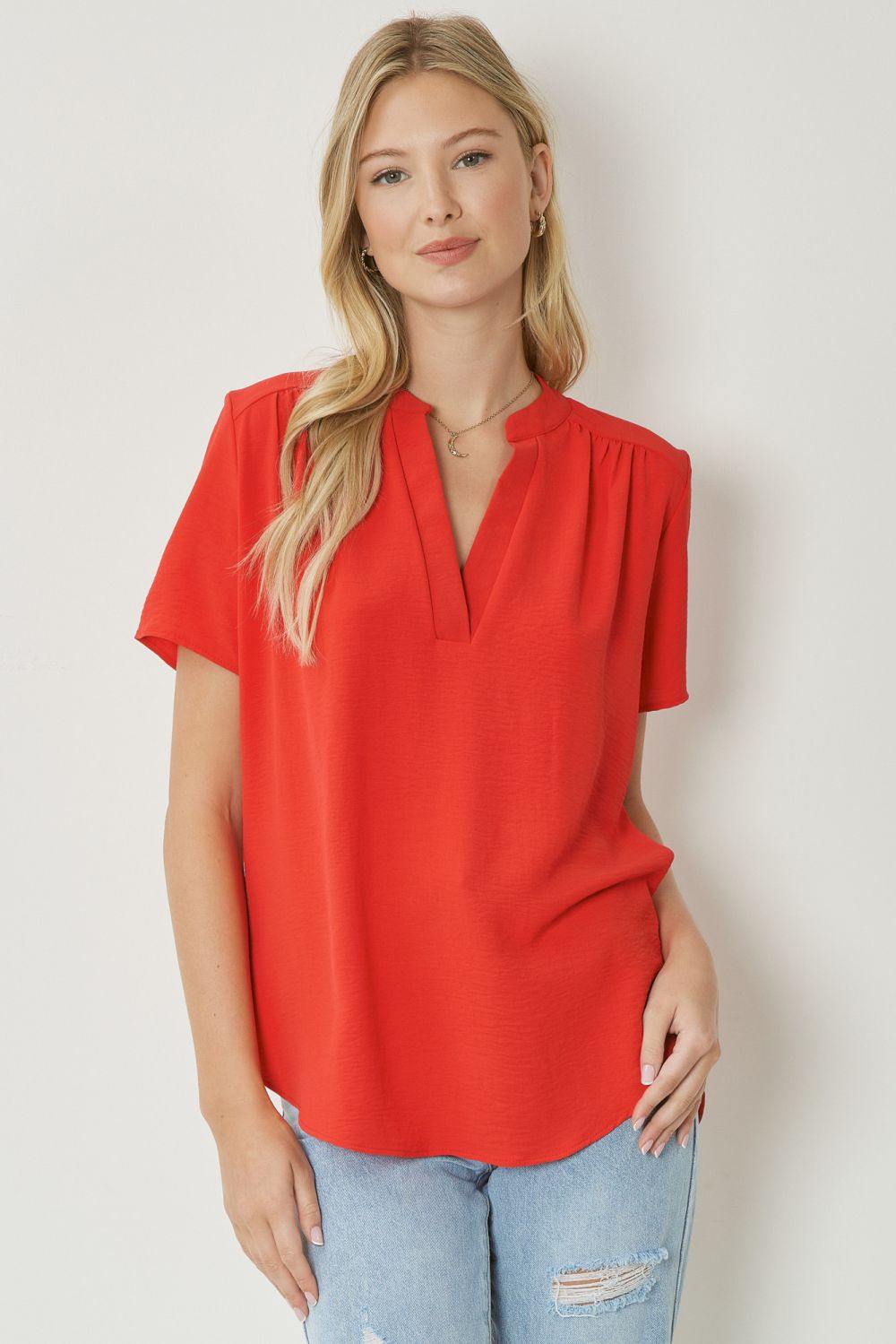 entro brand basic colorful tops Mock Collar Pleat Detailed red