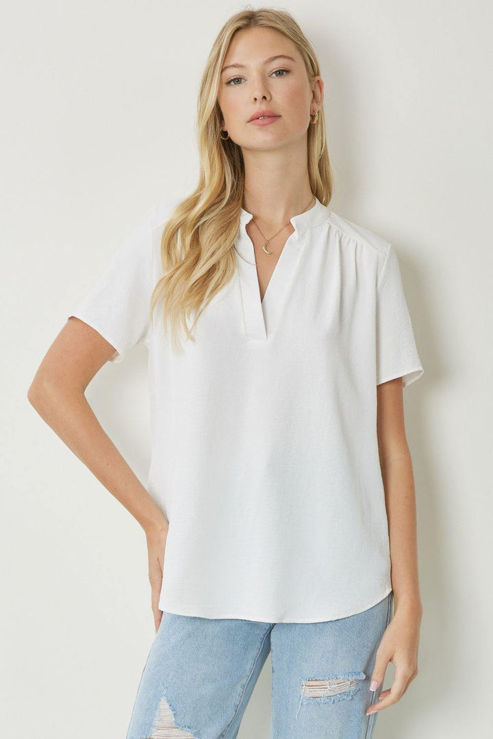 entro brand basic colorful tops Mock Collar Pleat Detailed white