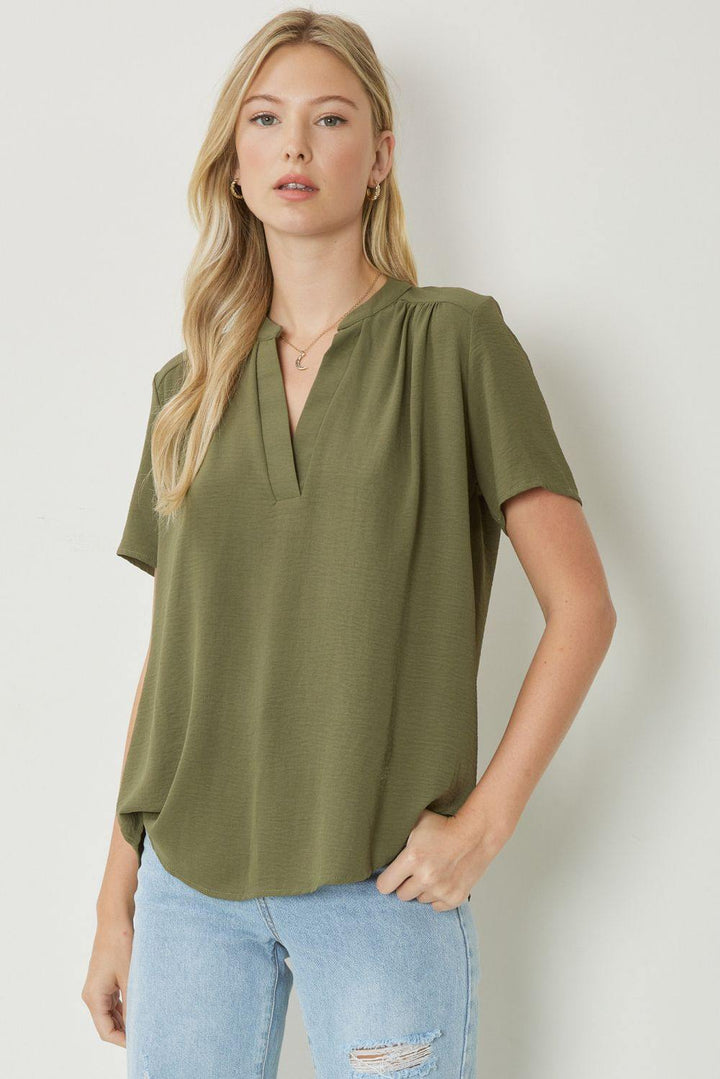 entro brand basic colorful tops Mock Collar Pleat Detailed olive green
