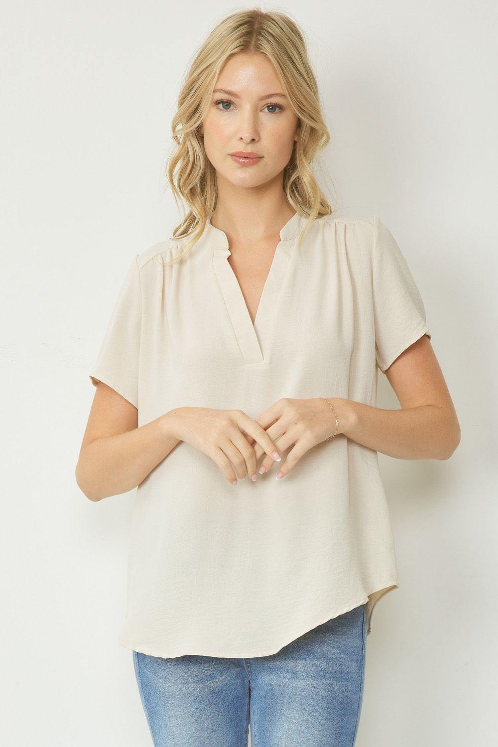 entro brand basic colorful tops Mock Collar Pleat Detailed cream