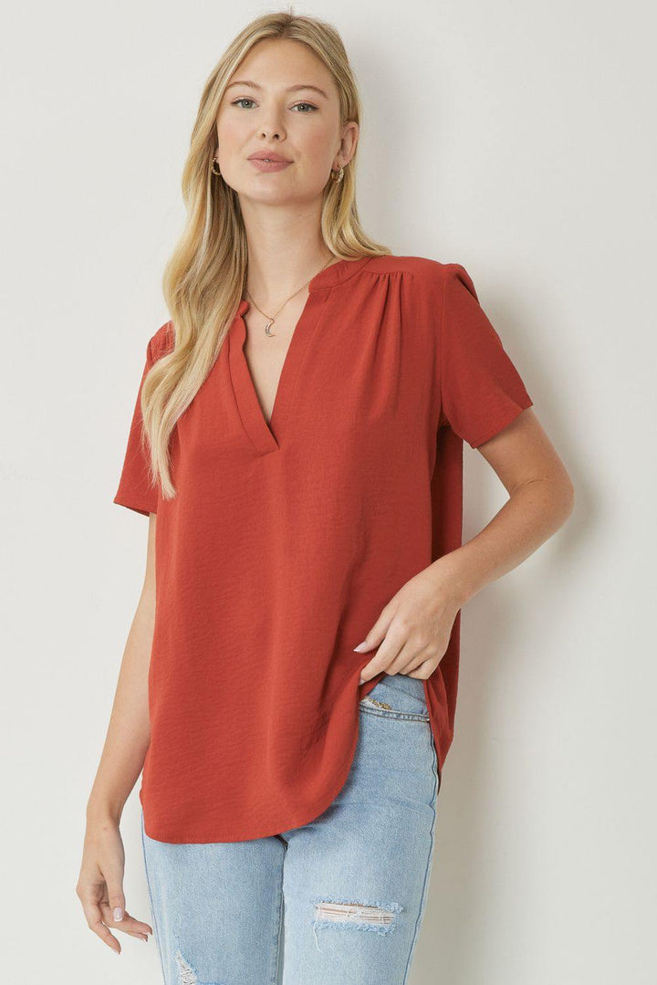 entro brand basic colorful tops Mock Collar Pleat Detailed rust