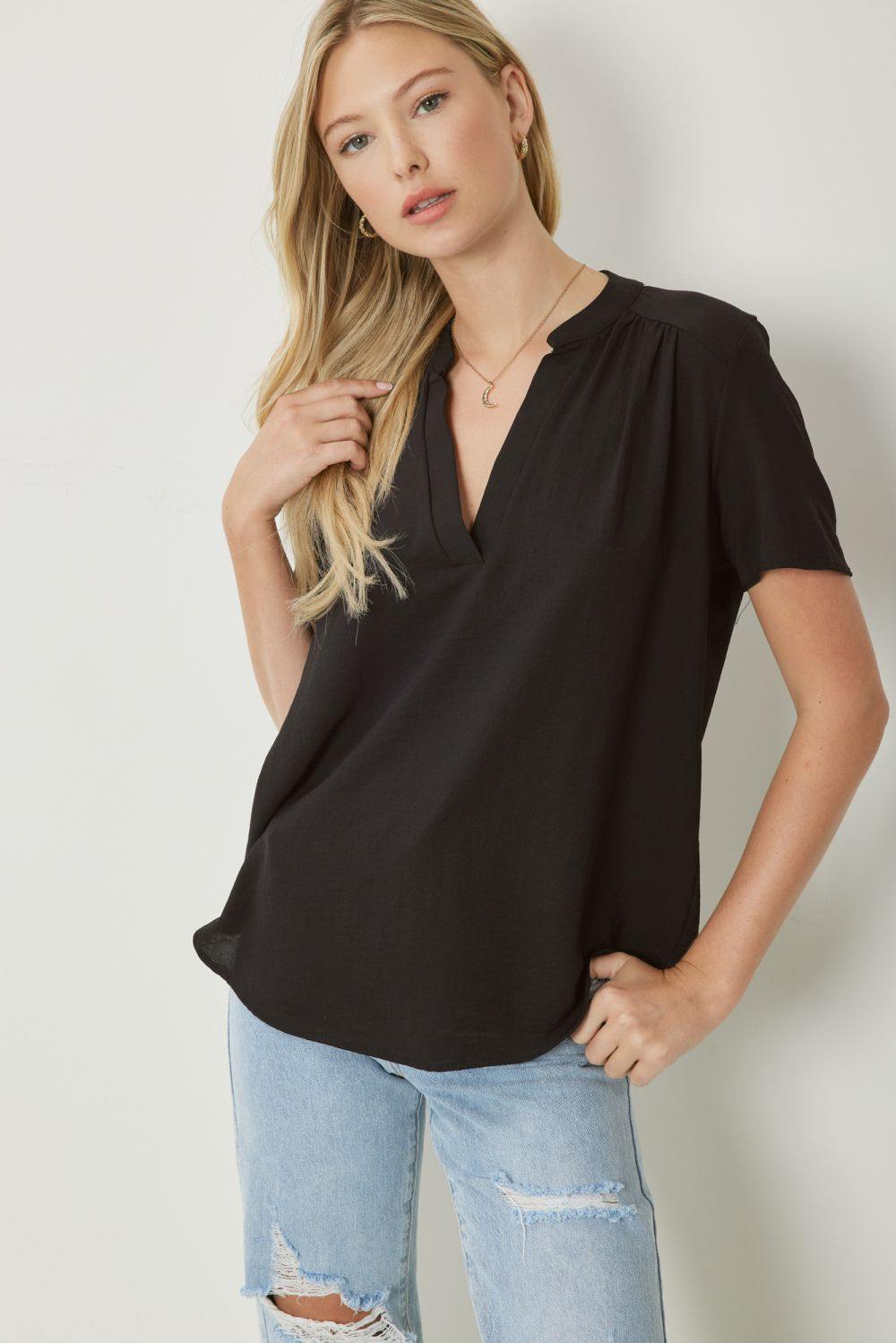 entro brand basic colorful tops Mock Collar Pleat Detailed black