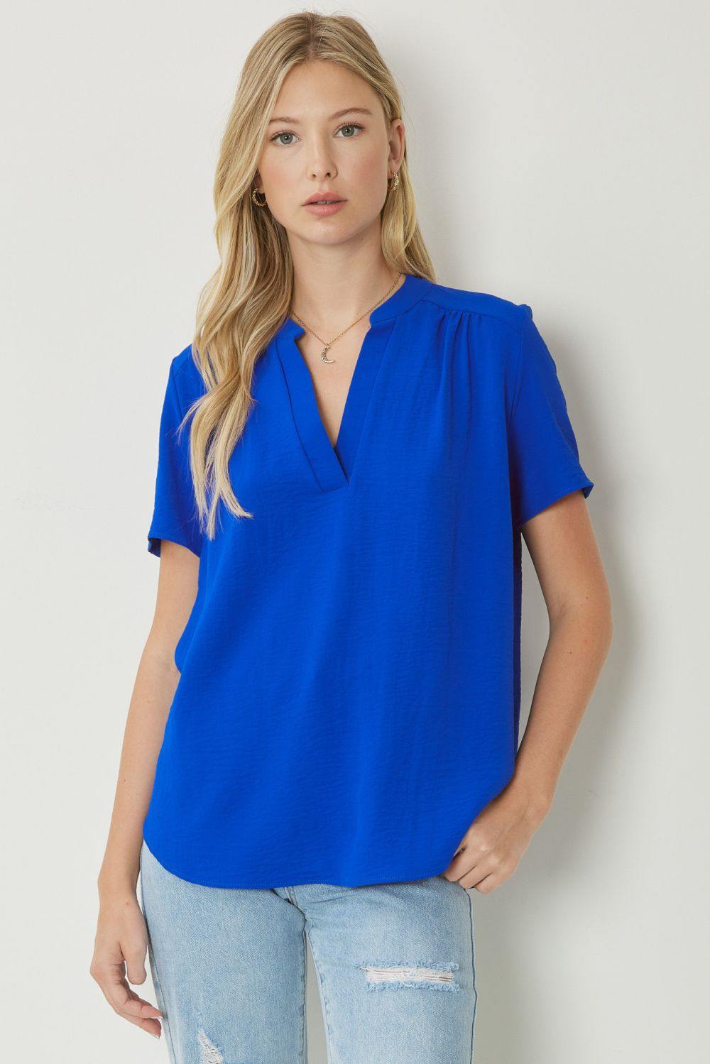 entro brand basic colorful tops Mock Collar Pleat Detailed royal blue