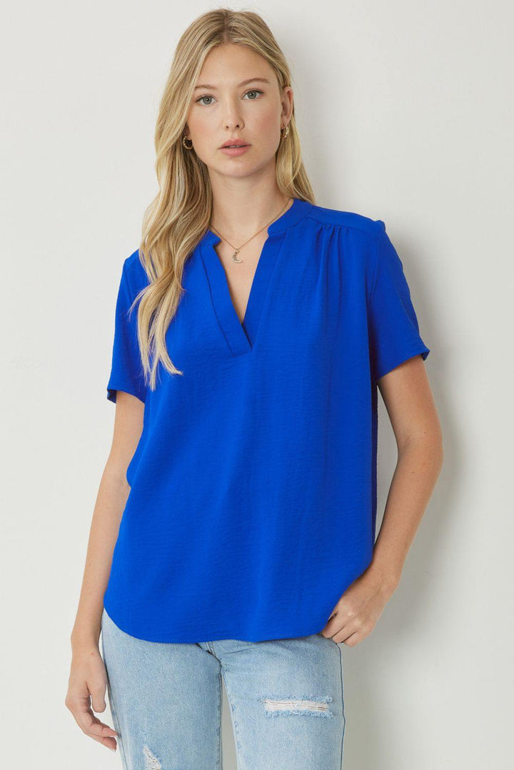 entro brand basic colorful tops Mock Collar Pleat Detailed royal blue
