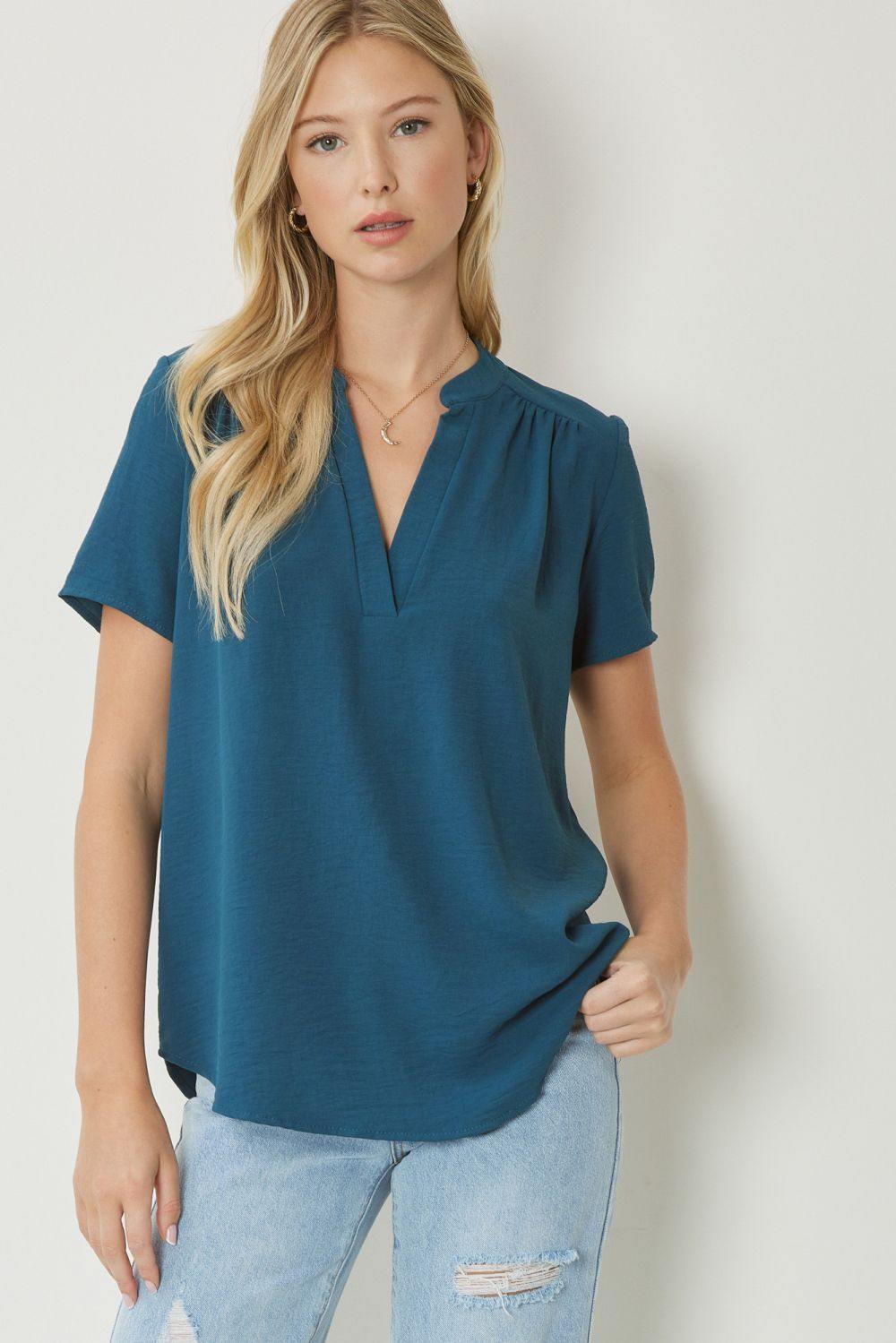 entro brand basic colorful tops Mock Collar Pleat Detailed teal