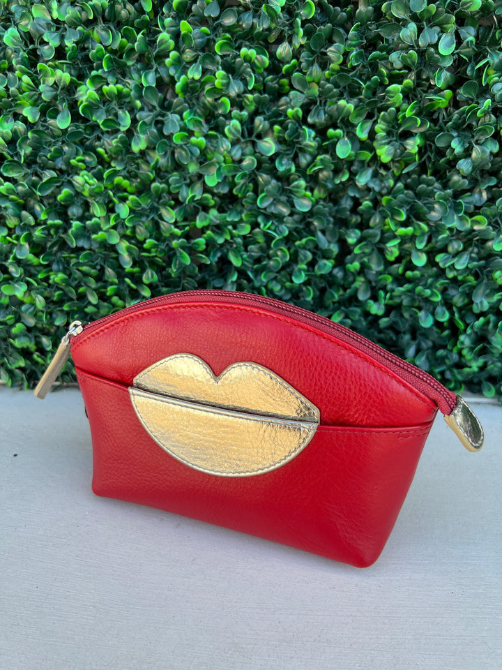 women's cosmetic case with lips leather gift boutique houston red and gold