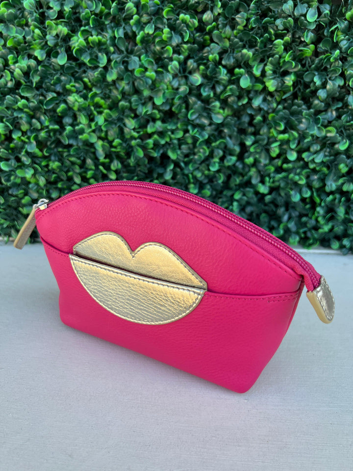 women's cosmetic case with lips leather gift boutique houston pink and gold