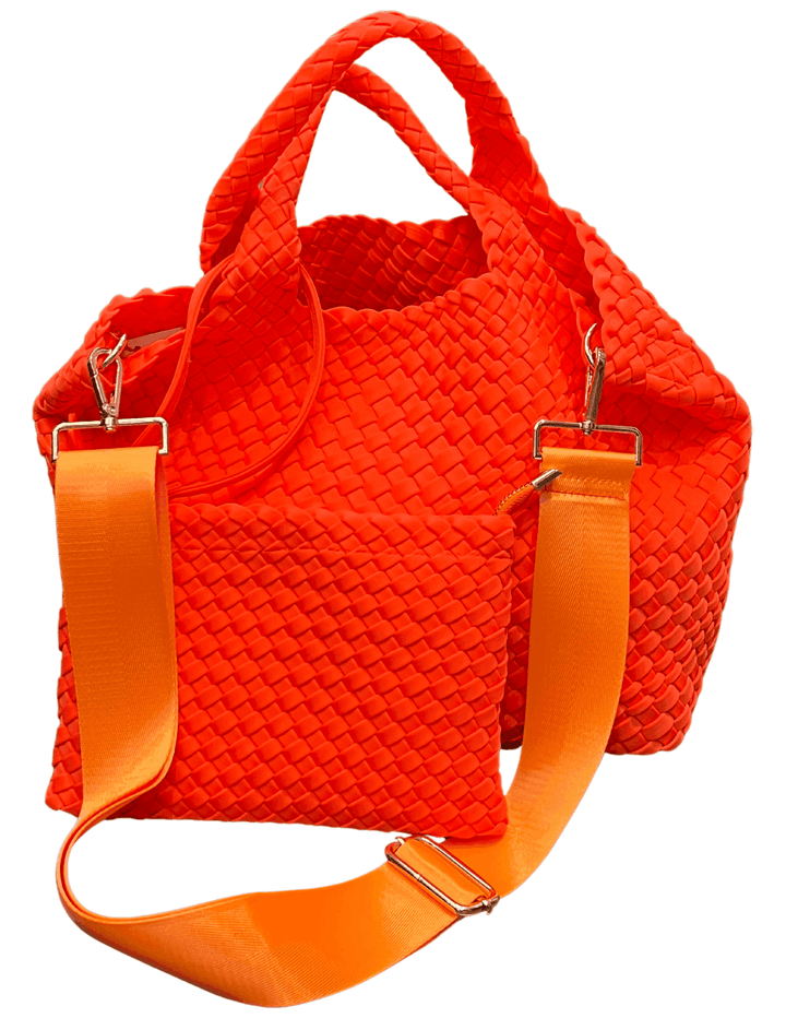 neon orange neoprene 2 handle woven tote bag inexpensive