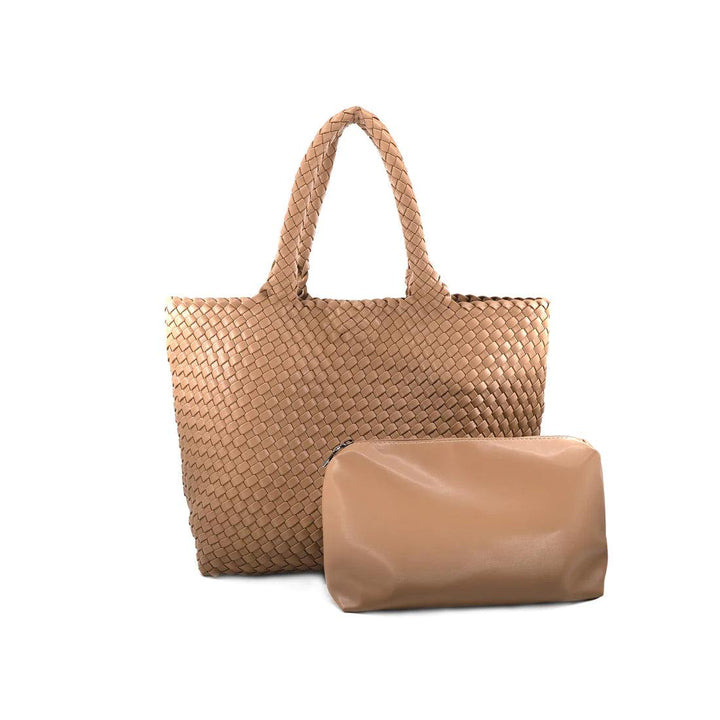 woven tote shoulder bag with included pouch