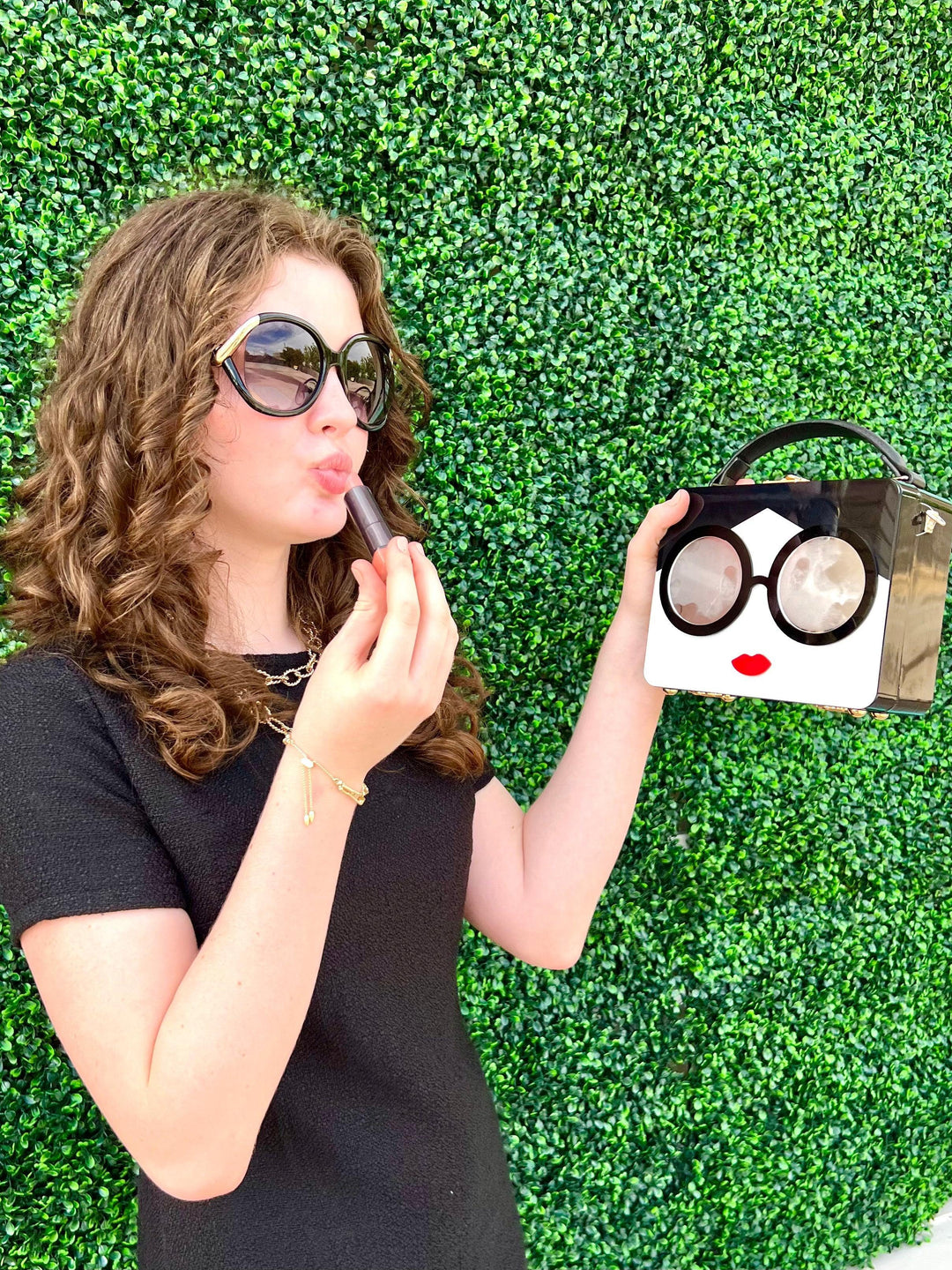 white black and red lunchbox purse with mirrors like alice and olivia brand crossbody unique womens gift boutique