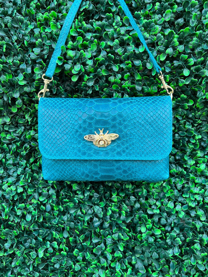 bee clasp embossed leather purse/clutch/crossbody boutique blue