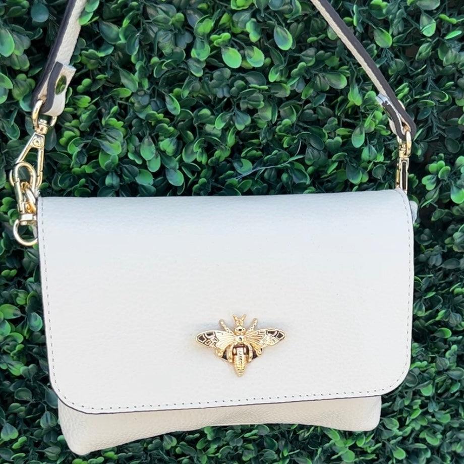 leather bee clasp bag boutique cream