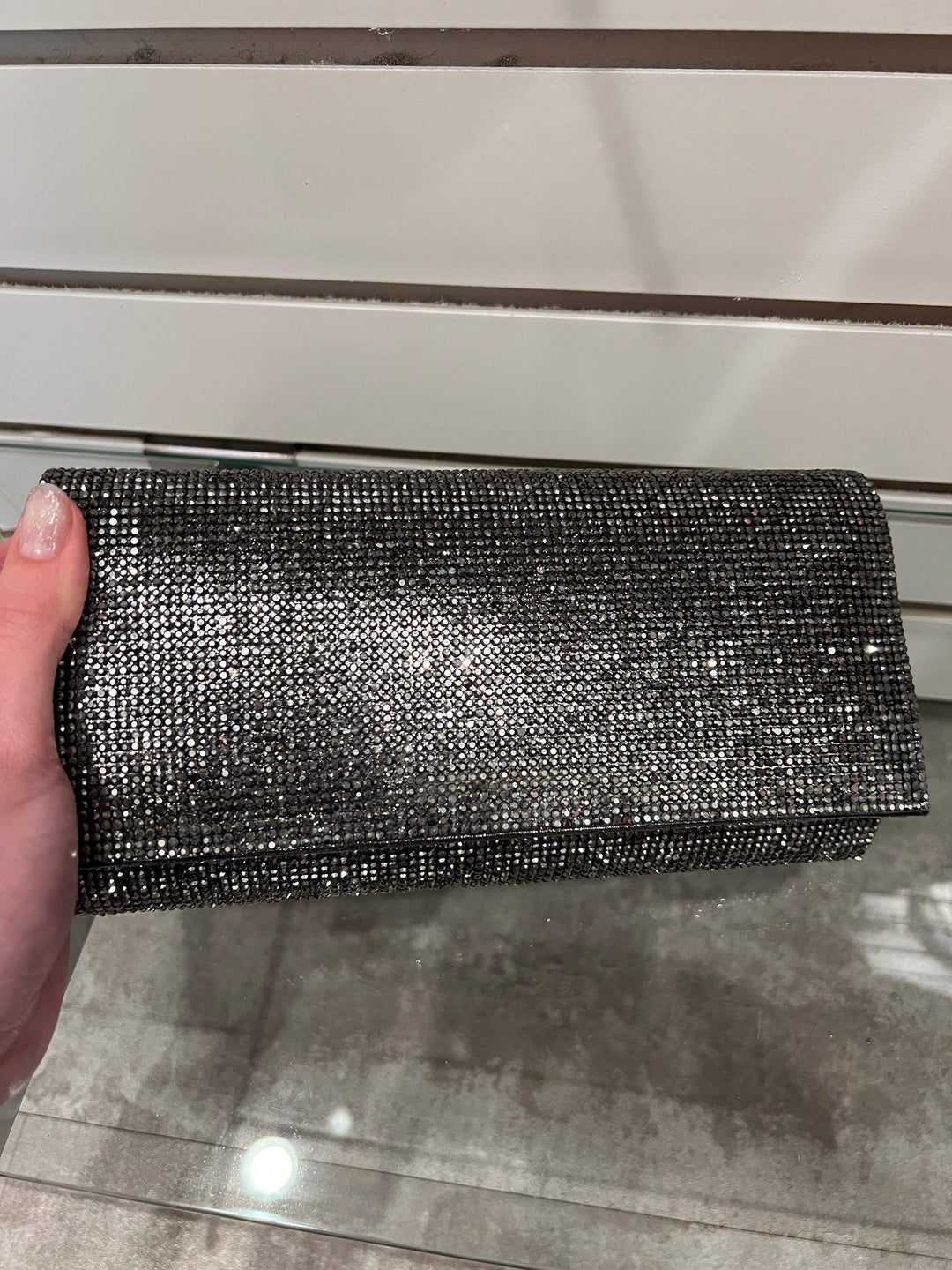 new years even grey black clutch