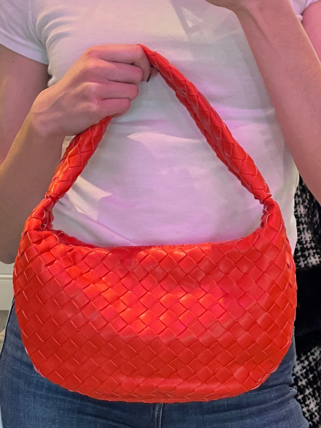 woven red orange woven shoulder purse