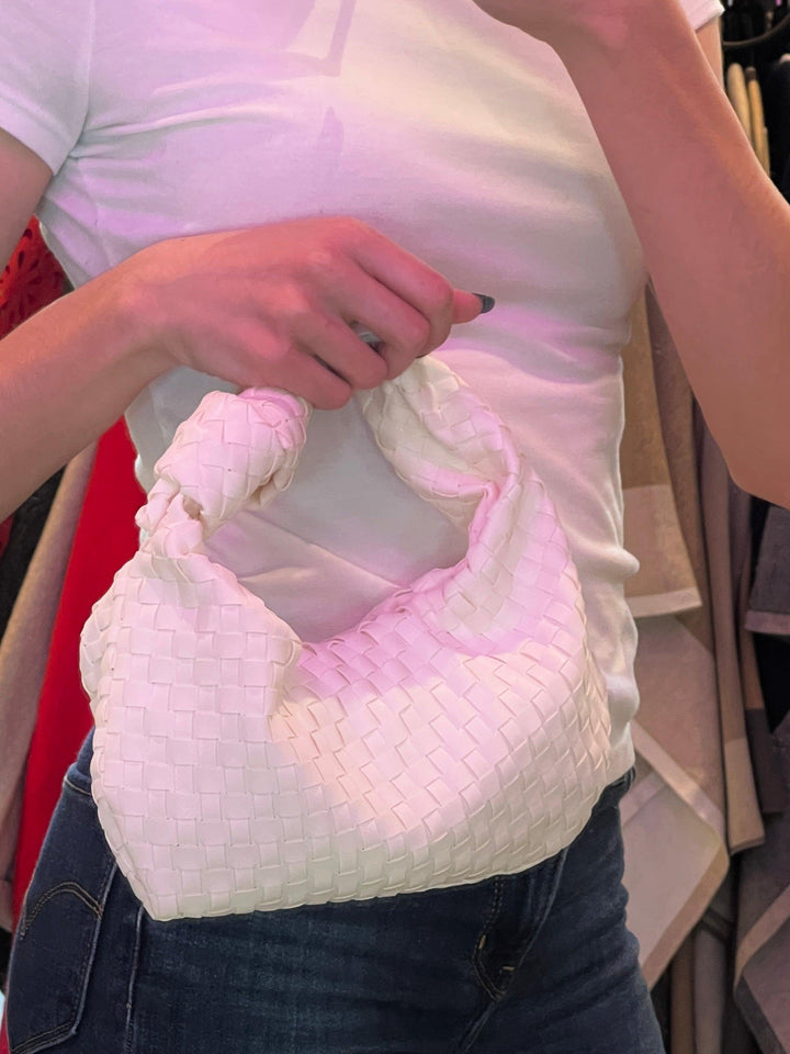 white mini botega style knot woven bag