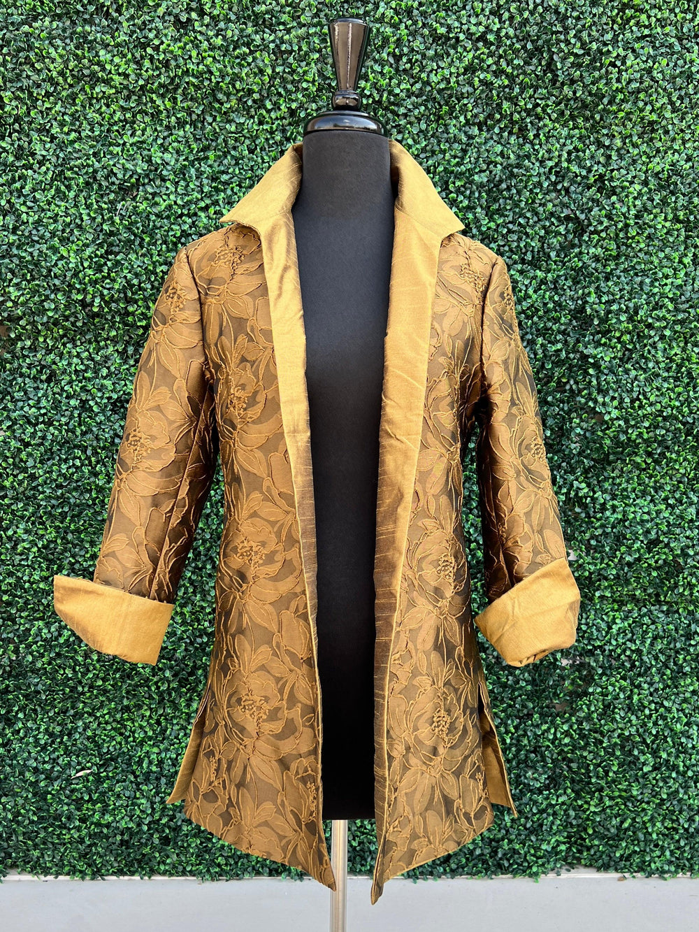 Grace Chuang dressy jacket long gold bronze holiday tres chic boutique