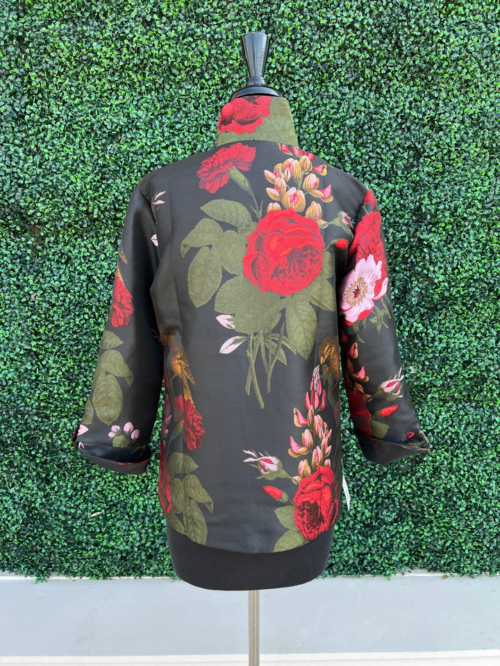 Rose & Bird Print Short Jacket red, gold, black grace chuang