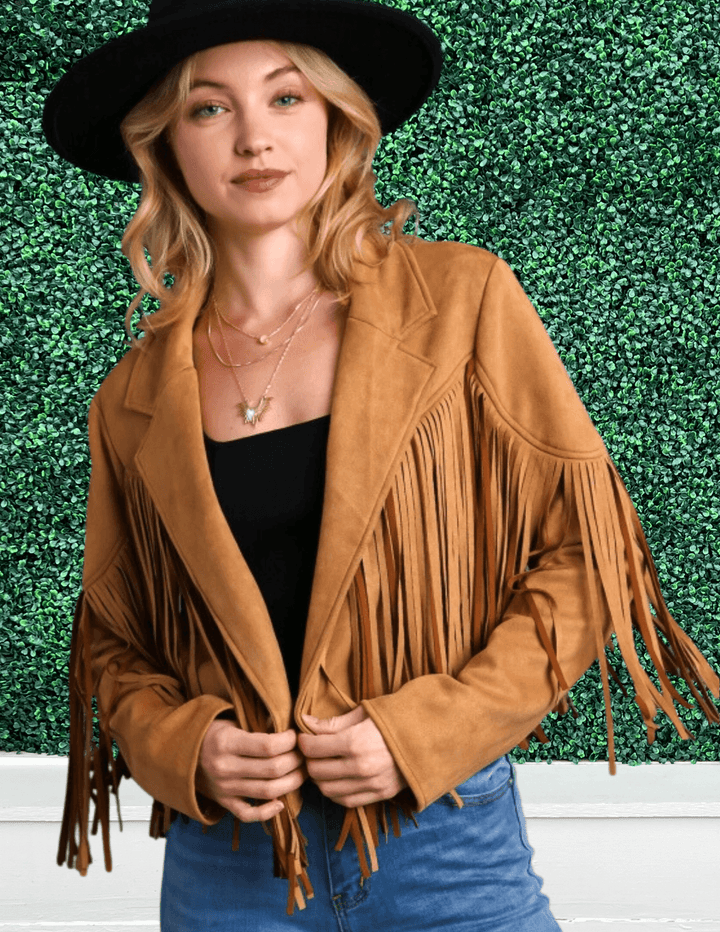 camel fringe cowgirl houston rodeo outfit jacket boutique