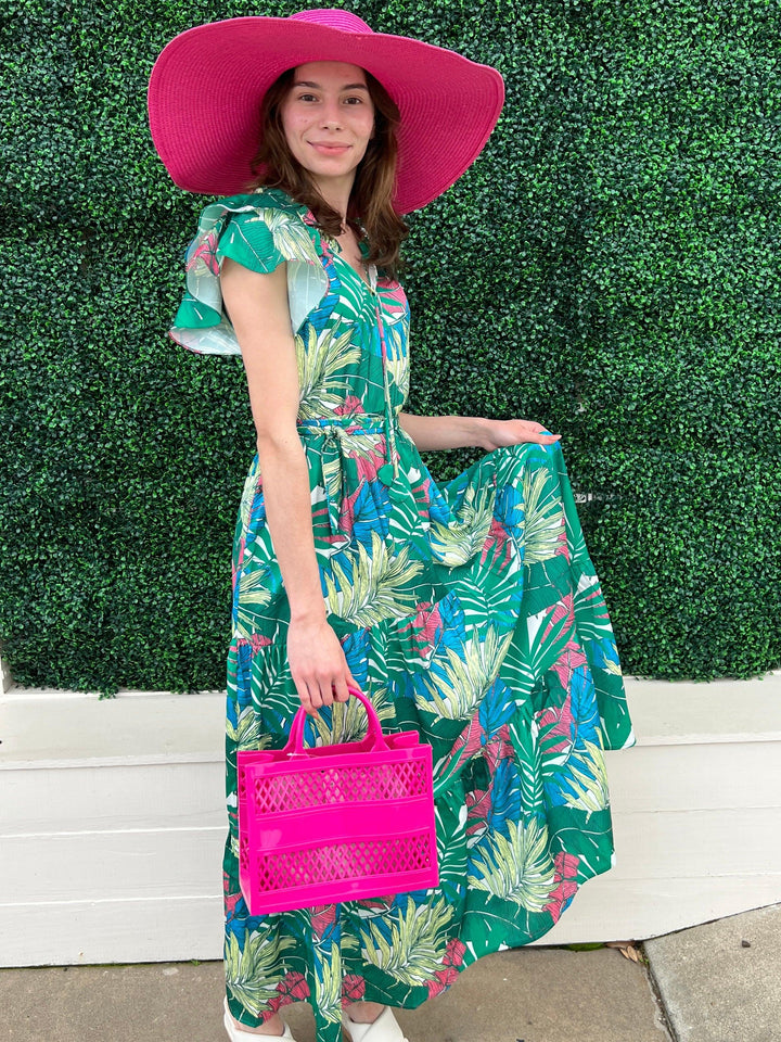 tropical maxi dress with jelly bag tote hot pink