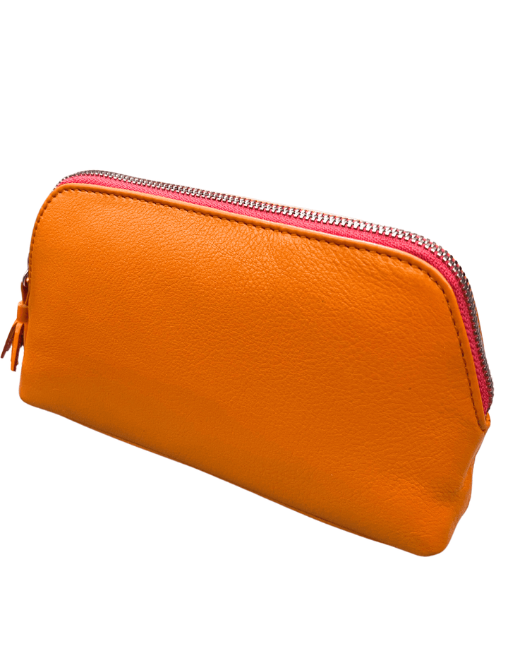 Papaya orange and pink zipper leather large makeup pouch rfid blocking gift boutique near me