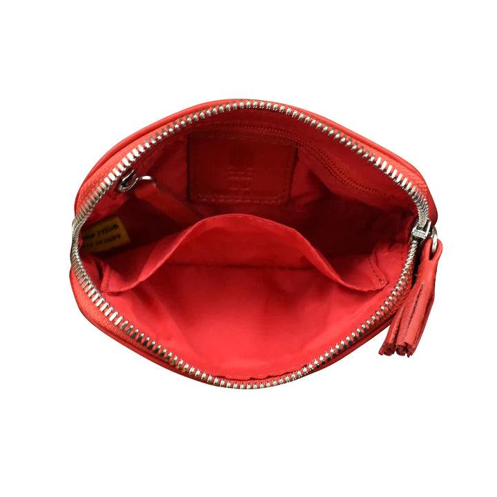interior of leather pouch cherry red