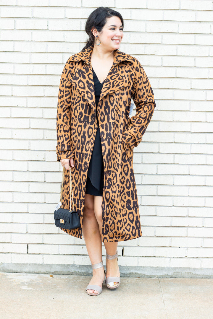 Faux Suede Cheetah Open Long Trench Jacket - Très Chic