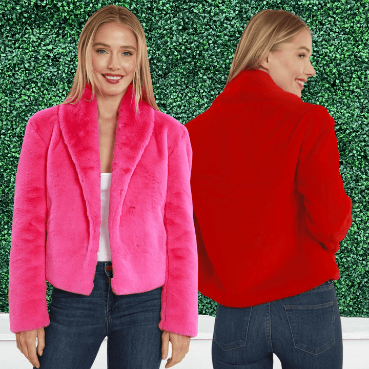 pink and red faux fur short jacket tres chic women's online boutique