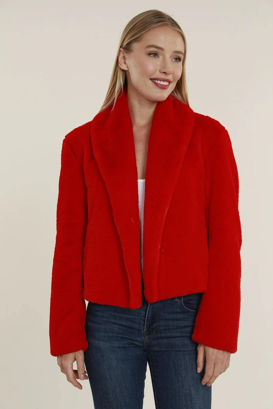 Dolce Cabo Shawl Collar Faux Fur Jacket short red