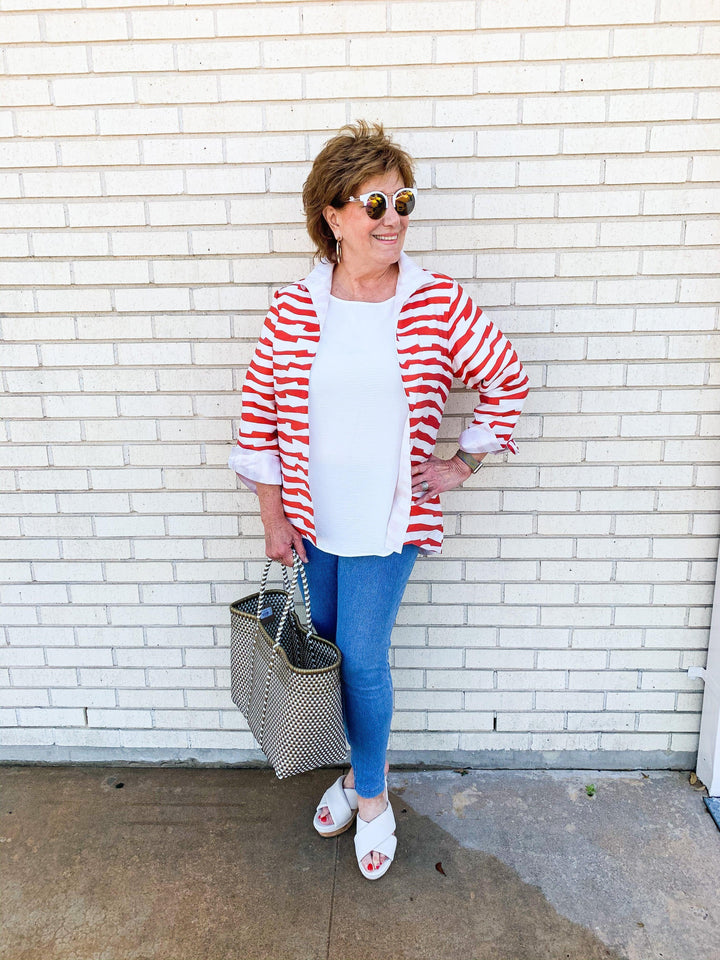 Red & White Striped Hi-Lo Jacket - Très Chic