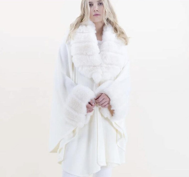 Faux Fur collar cuffs knit cape OS womens holiday gift ideas tres chic boutique white