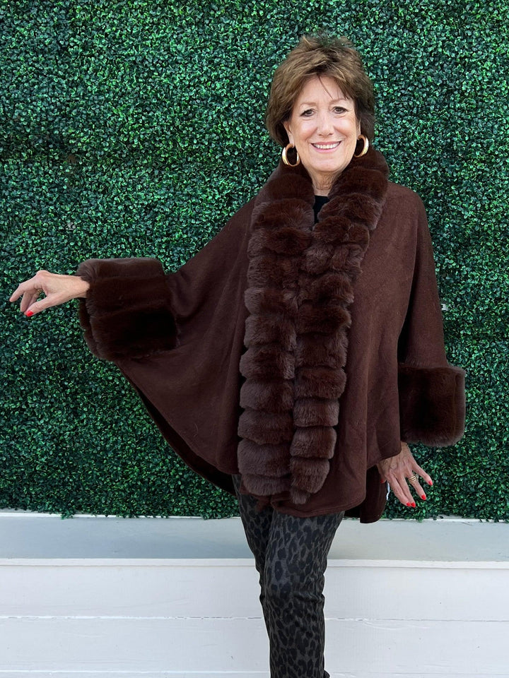 womens gift ideas online boutique trendy timeless brown faux fur cape wrap