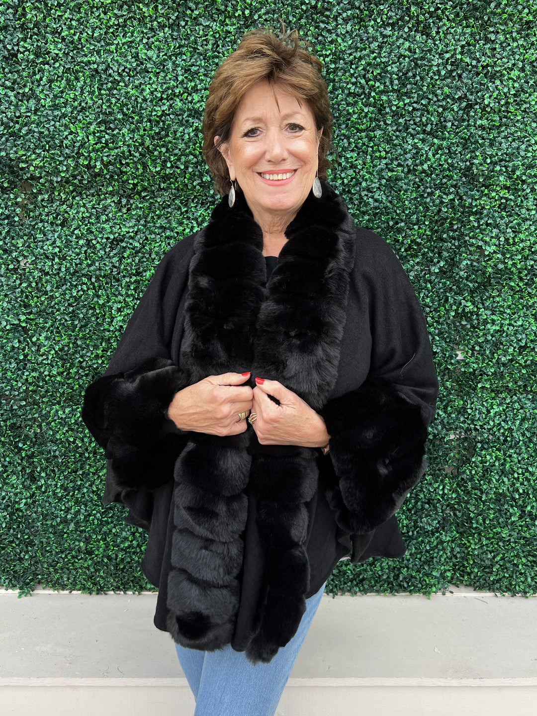 black cape wrap faux fur boutique women's gifts online tres chic houston texas
