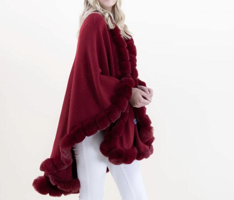 Faux Fur Trim Cape womens OS gift ideas online store red