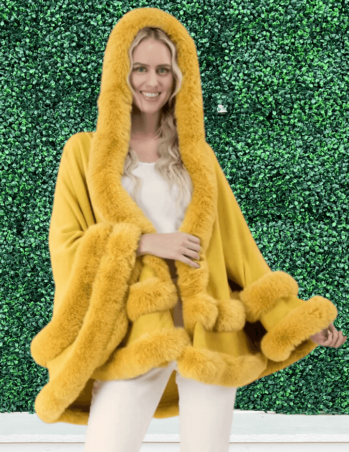 double layer faux fur hooded cape yellow