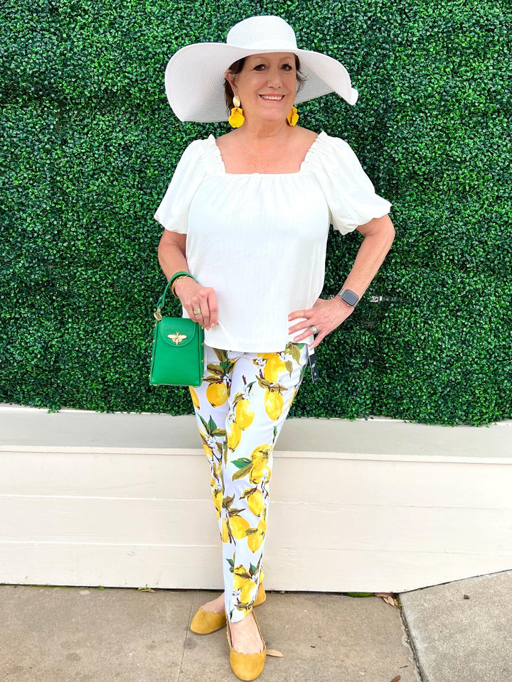 tropical summer lemon pants with tummy control for women over 40