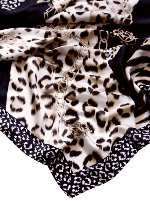Animal print silky black scarf with chain details at tres Chic Houston