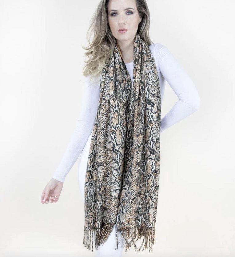 snake print camel tones shawl scarf wrap boutique near me