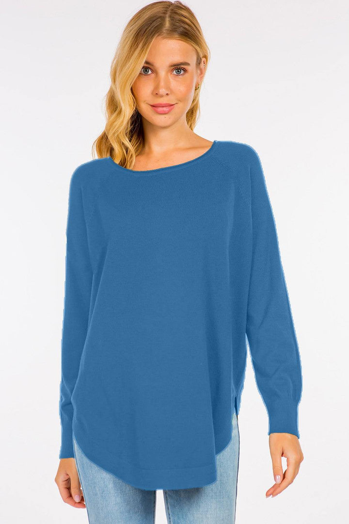 round hem long thin lightweight sweater shell layering piece blue
