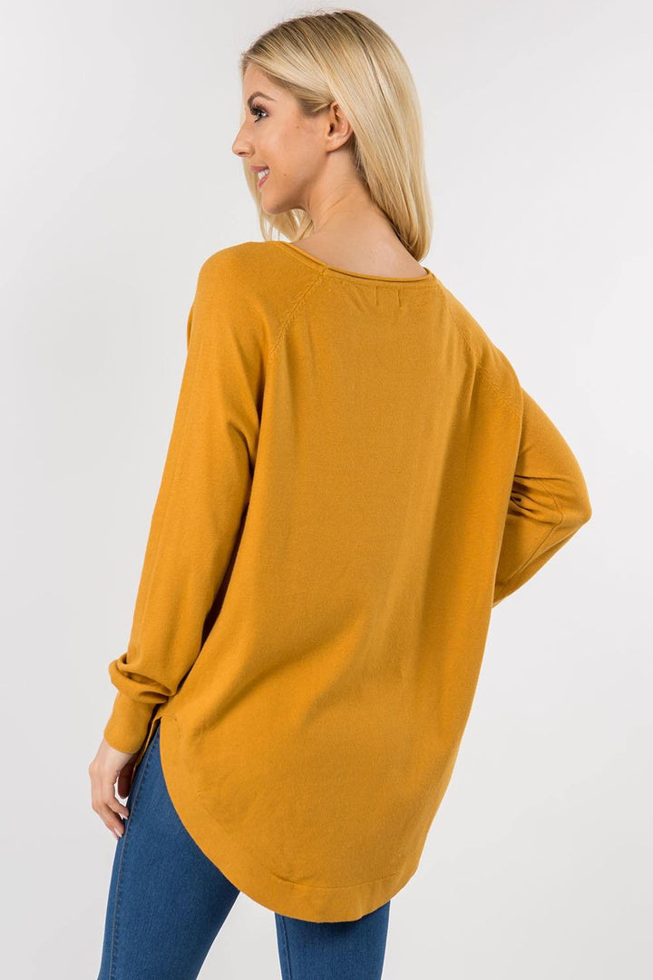 round hem long thin lightweight sweater shell layering piece mustard 