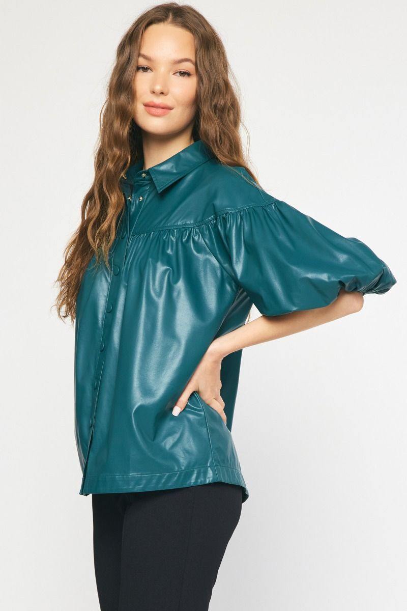 pleather teal blouse puff sleeve fall top boutique