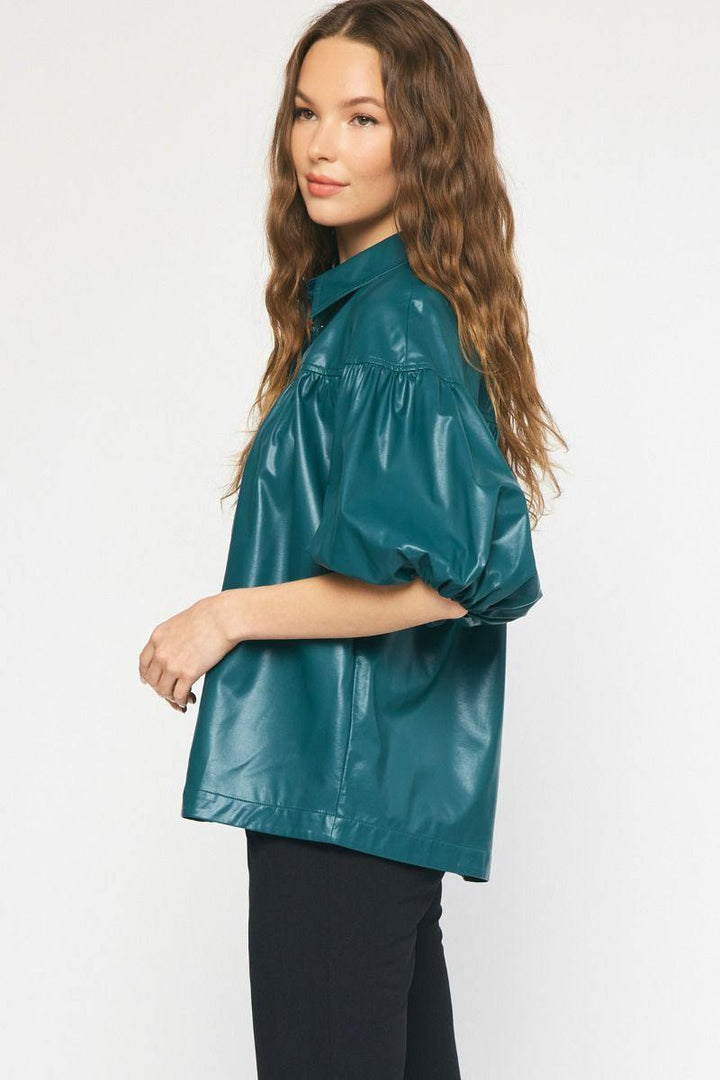 pleather teal blouse puff sleeve fall top boutique