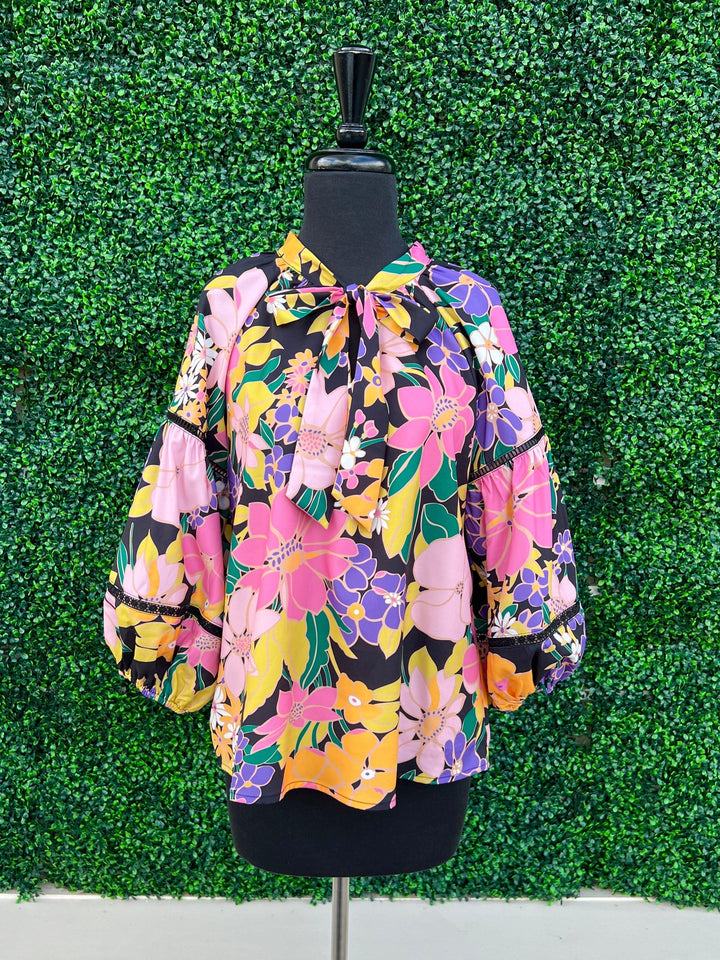 yellow, pink, black big floral pattern from Houston Boutique Tres Chic