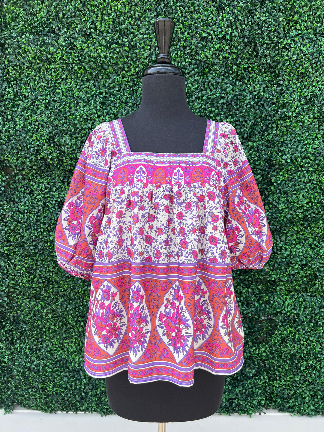 Jade brand boarder print blouse magenta and purple tres chic houston