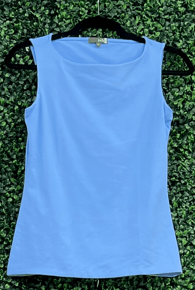 blue stretch tank and dainty dress